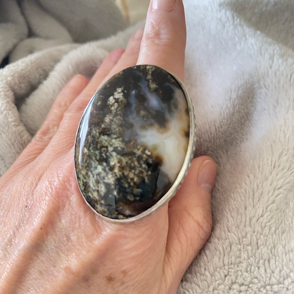 NATIVE AMERICAN BOLD STERLING Silver Moss Agate Large Size Ring
